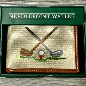 Eastwood Place Golf Needlepoint Bifold Wallet Brown Leather Mens New in Box